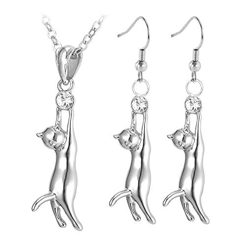 U7 Cat Pendant Necklace for Women Stainless Steel Cute Kitty Cat Jewelry Gift - style: Platinum (Necklace+Earrings)