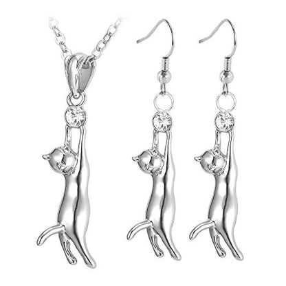 U7 Cat Pendant Necklace for Women Stainless Steel Cute Kitty Cat Jewelry Gift - style: Platinum (Necklace+Earrings)