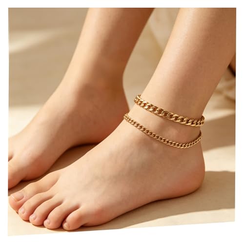 Ankle Bracelets for Women Adjustable 18k Plated Gold Anklets Water Proof Stainless Steel Cuban Link Anklet Chains Beachy Womens Big ankles Anklet Fashion Accessories (silver) - color: Gold