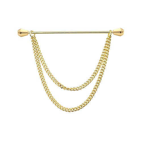 Men's Gold Plated Brass Collar Bar with Double Hanging Chain Tassel Shirt Tie Bar Collar Brooch - color: Gold Cone Head
