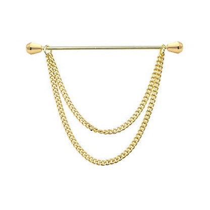 Men's Gold Plated Brass Collar Bar with Double Hanging Chain Tassel Shirt Tie Bar Collar Brooch - color: Gold Cone Head