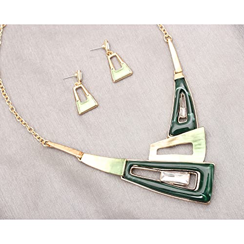 SFE Irregular Enamel Triangle Shape shell Collar Bib Bohemian Boho Statement Necklace Earrings Fashion Costume Jewelry Set for Women - color: Green-Gold Plated