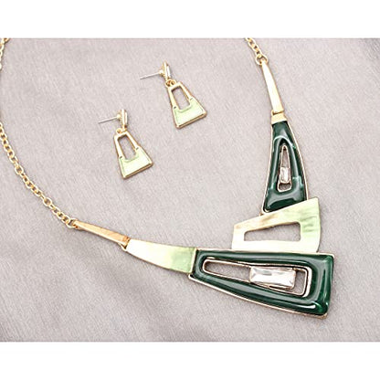 SFE Irregular Enamel Triangle Shape shell Collar Bib Bohemian Boho Statement Necklace Earrings Fashion Costume Jewelry Set for Women - color: Green-Gold Plated
