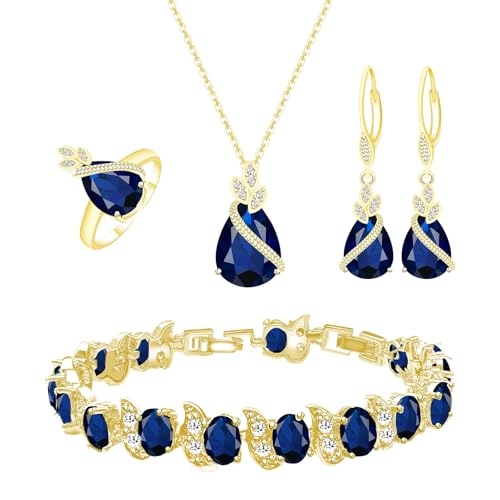 GZWHD Jewelry Set for Women CZ Earrings Necklace Ring Bracelet Set Prom Party Wedding Jewelry Gift for Mother Friend Wife - color: A-Gold-Blue