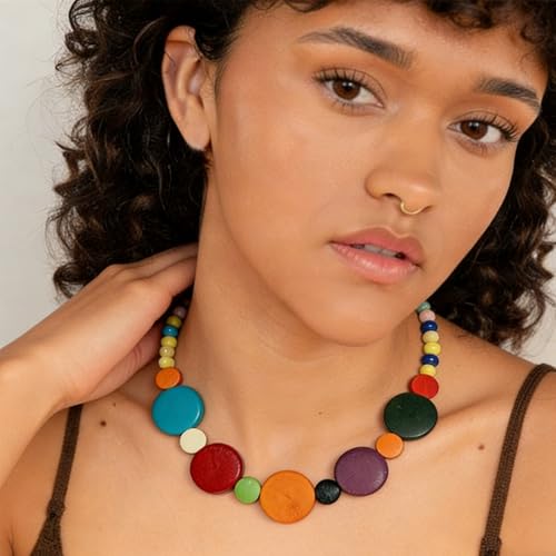 ONLYJUMP Colorful Ethnic Wooden Jewelry Set for Women Round Statement Dangle Earrings Multilayered Geometric Beaded Bracelet Necklace Exaggerated Tribal Style Jewelry - color: Colorful B