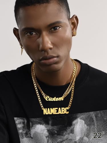 GoldChic JEWELRY Name Necklace Personalized for Men, Womens Custom Name Plate Chain, Stainless Steel Customized Old English Nameplate Choker with Curb Chains Custom, 16 inches to 30 inches - color: Cuban Chain 6 mm- Gold(Large Pendant)