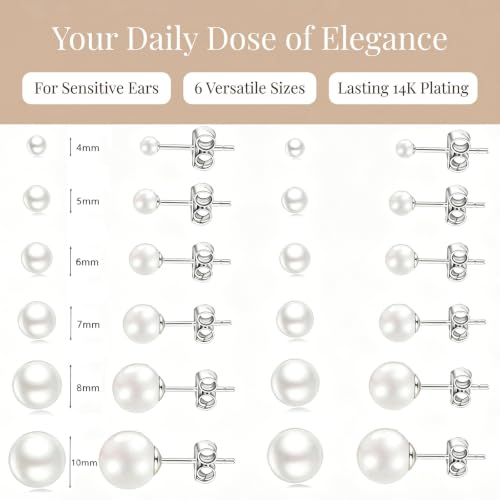 12 Pairs Pearl Stud Earrings for Women | White Pearl CZ Ball Hypoallergenic Earrings, Bridal Simulated Pearl Rhinestone Pearls Stud Earrings Jewelry Set for Wedding - color: Clear