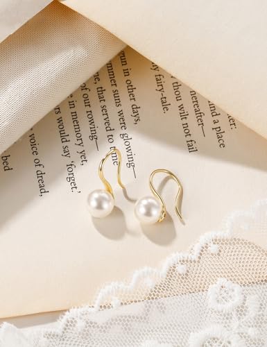 Mameloly Pearl Earrings for Women Leverback Dangle Trendy Simulated Pearl Drop Earrings 14K Gold Plated Sterling Silver 925 Cute Jewery for Women - color: 14K Gold Plated Hook