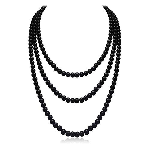 Long Pearl Necklaces for Women Cream White Faux Pearl Strand Layered Necklace Costume Jewelry - color: Black