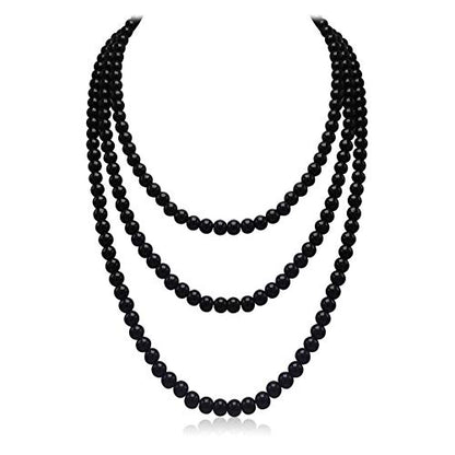 Long Pearl Necklaces for Women Cream White Faux Pearl Strand Layered Necklace Costume Jewelry - color: Black