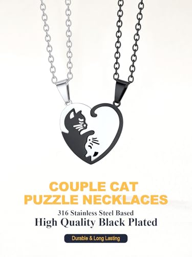 U7 Cat Pendant Necklace for Women Stainless Steel Cute Kitty Cat Jewelry Gift - style: 03-Heart Cat Set-Steel+Black
