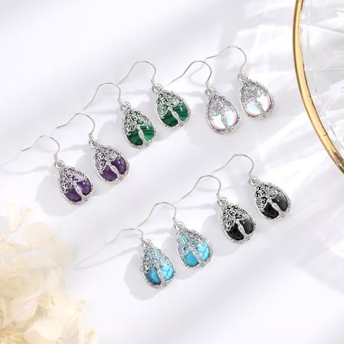 AEONSLOVE Tree of Life Crystal Earrings with Sterling Silver Ear Hooks, Dangle Drop Tree Earrings Gifts for Women - style: A01-Obsidian-Teardrop