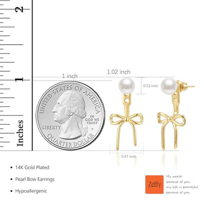 Pearl Earrings for Women 14k Gold/Silver Pearl Drop Earrings Long White Pearl Tassel Dangle Statement Earrings Bridal Wedding Dainty Prom Earrings Birthday Gifts Jewelry - color: Gold Bow Pearl Earrings