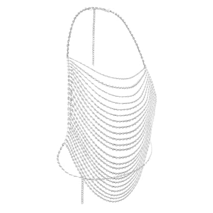 Multi-Layer Body Chain Necklace Rhinestone Chain Halter Top Body Jewelry Sexy Tassel Chest Chain Rave Nightclub Accessory - color: Silver