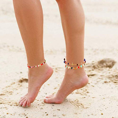 Boho Beaded Ankle Bracelet Beach 18 K Gold Plated Anklet Bracelets Handmade Colorful Seed Beads Butterfly Evil Eye Heart Link Chain Anklet Pack Cute Summer Foot Jewelry for Women - style: beaded ankle bracelet A set