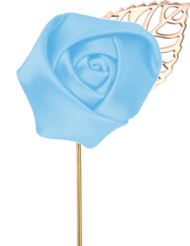 Gentleman's Essentials Premium Handmade Flower Lapel Pin Boutonniere - color: Baby Blue [Rose Gold Leaf]