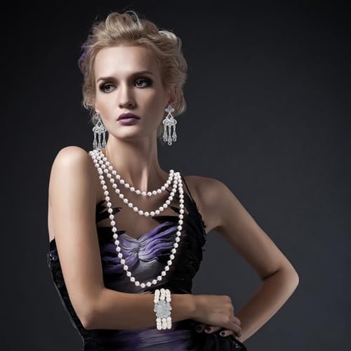 1920s Pearl Jewelry Set - Long Pearl Necklace, Earring Set, Multilayer Bracelet - Flapper Accessories for Women - color: Retro