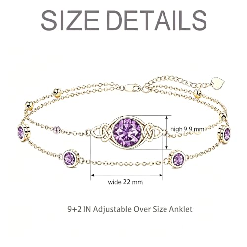 Midari 18K Gold Irish Infinity Celtic Knot Birthstone Layed Anklet Bracelet with 12 Months Birthstone Birthday Jewelry Gifts for Women Mom - color: 02-Amethyst, size: Anklet 9"-11"