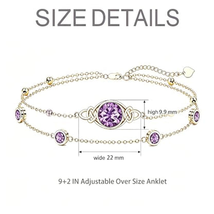 Midari 18K Gold Irish Infinity Celtic Knot Birthstone Layed Anklet Bracelet with 12 Months Birthstone Birthday Jewelry Gifts for Women Mom - color: 02-Amethyst, size: Anklet 9"-11"