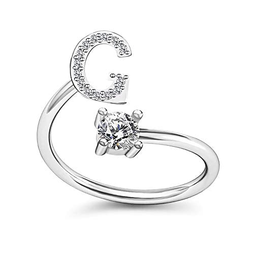 FUTIMELY Initial Letter Ring Alphabet Ring A-Z Silver Crystal Open Adjustable Personalized Initial Ring for Women - style: G