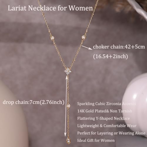 Long Necklaces for Women, Cute 14K Gold Plated CZ Drop Necklace | Dainty Gold Necklace, Simple CZ Teardrop Clover Y Shaped Lariat Necklace,Statement Non Tarnish Necklace, Trendy Gold Jewelry - color: Gold-Drop 2