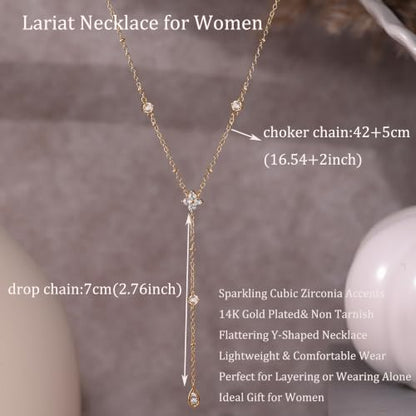 Long Necklaces for Women, Cute 14K Gold Plated CZ Drop Necklace | Dainty Gold Necklace, Simple CZ Teardrop Clover Y Shaped Lariat Necklace,Statement Non Tarnish Necklace, Trendy Gold Jewelry - color: Gold-Drop 2