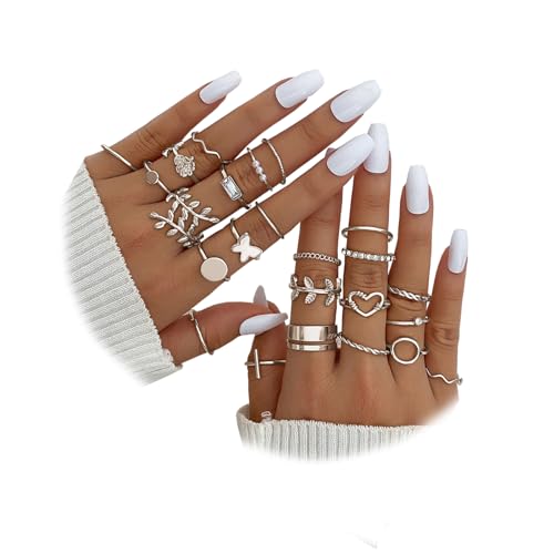 IFKM Gold Knuckle Rings Set For Women Vintage Stackable Joint Finger Midi Rings Dainty Cubic Zirconia Crystal Simple Twist Hollow Cute Rings Pack Jewelry Gift - color: Silver, style: Love of Leaves