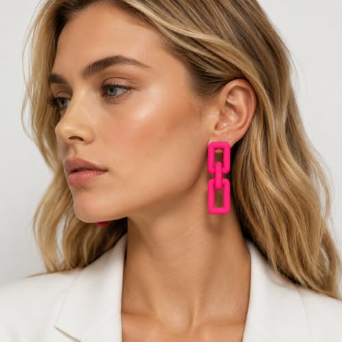 Chunky Chain Earrings for Women, Hot Pink Geometric Link Drop Earrings Statement Acrylic Dangle Jewelry Trendy Fashion for Party Daily Wear