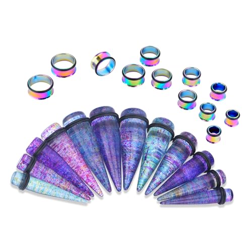 24PC Ear Gauge Stretching Kit Acrylic Tapers and Surgical Steel Tunnels Plugs 00G-20MM Gauge Stretching Kit - color: Rainbow Rainbow