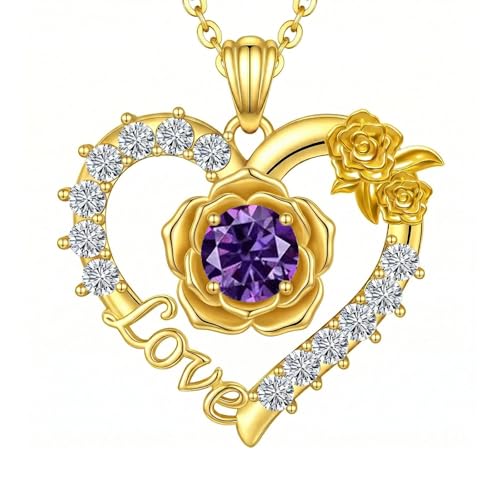 Birthstones Necklace Gifts for Women Love Heart Necklaces for Womenwith Rose Flower Jewelry Gifts for Mother's Day Valentine's Day Engagement Birthday Thanksgiving Christmas - color: February