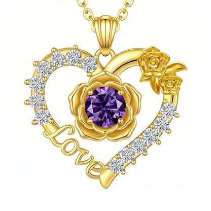 Birthstones Necklace Gifts for Women Love Heart Necklaces for Womenwith Rose Flower Jewelry Gifts for Mother's Day Valentine's Day Engagement Birthday Thanksgiving Christmas - color: February