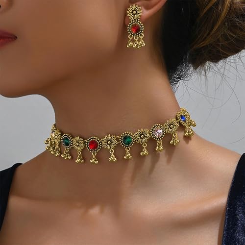 Frodete Indian Jewelry Sets for Women Traditional Bohemian Wedding Jewelry Set Indian Dresses for Women Oxidized Ethnic Party Prom Wear - color: A1:colorful indian necklace earring sets