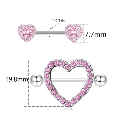14G Nipple Rings for Women 316L Stainless Steel Heart,Butterfly,Moon,Devil,Flower Nipple Barbell CZ Nipple Rings Set Nipplerings Piercing Jewelry - color: pink