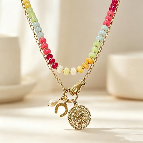 Colorful Acrylic Beaded Necklace For Women, Boho Double Layer Rainbow Beads Thick Cuban Chain Chunky Heart Pendant Statement Choker Summer Beach Jewelry Gift - color: Colorful Gold Hand