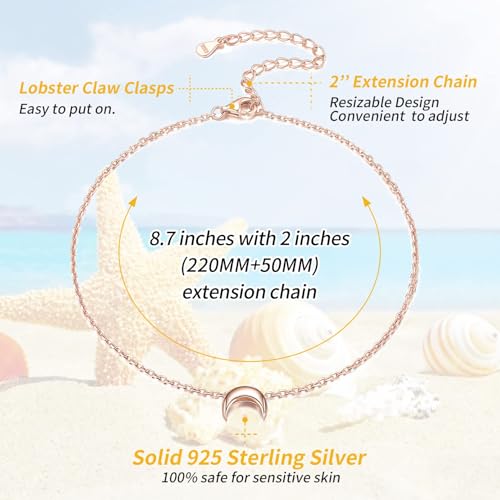 ChicSilver Personalized 925 Sterling Silver Tiny Heart/Moon/Star/Sun/Dot/Triangle Anklets Simple Dainty Foot Jewelry for Women, Silver/Gold Plated/Rose Gold Plated - style: Rose Gold Moon Custom