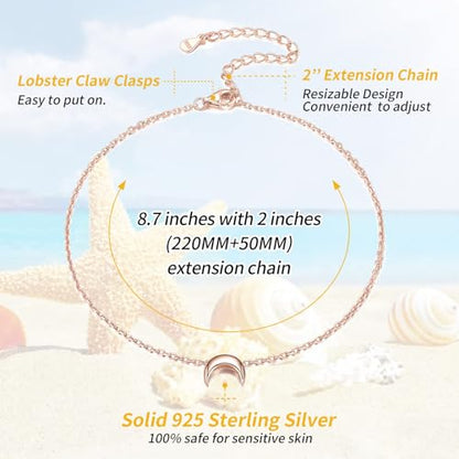 ChicSilver Personalized 925 Sterling Silver Tiny Heart/Moon/Star/Sun/Dot/Triangle Anklets Simple Dainty Foot Jewelry for Women, Silver/Gold Plated/Rose Gold Plated - style: Rose Gold Moon Custom