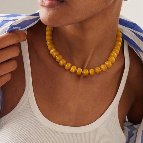 Beaded necklace for Women Boho Bead Gemstone Chunky Necklace Big Bead Necklace Fashion Trendy Summer Necklaces Jewelry Gifts - color: Yellow Beaded