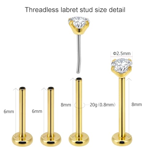 20g/18g/16g Titanium Press Fit Threadless Push in Labret Stud