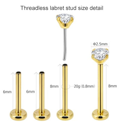 20g/18g/16g Titanium Press Fit Threadless Push in Labret Stud