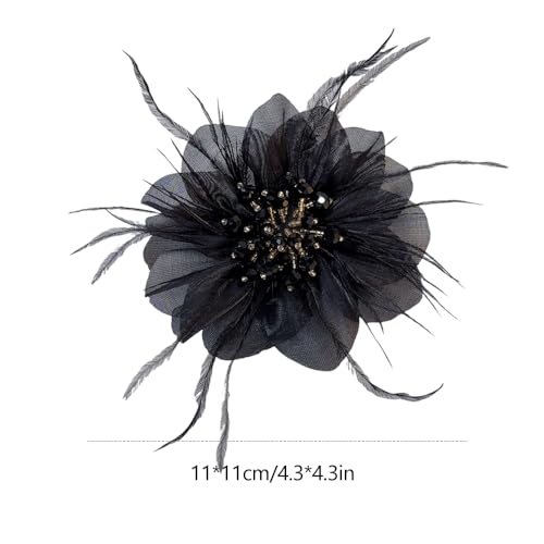 4" Crystal Feather Flower Brooch Pin for Women Girls Dainty Bright Satin Rhinestone Floral Brooches Lapel Hair Pins Elegant Wedding Cocktail Prom Party Hat Bag Suit Clothing Dress Accessories Jewelry Gift - color: Black