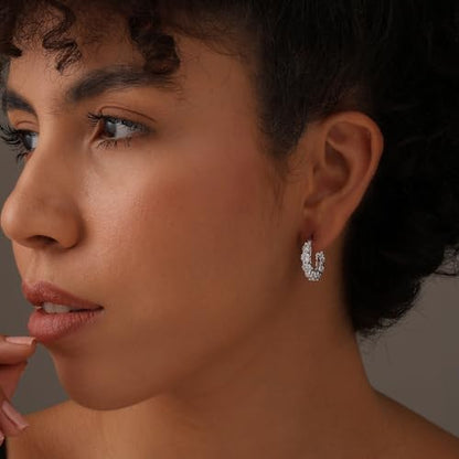 LeCalla 925 Sterling Silver Cubic Zirconia Hoop Earrings | Silver Small Chunky CZ Hoop Earrings | Hypoallergenic Round Click-Top Earring Hoops for Women - color: White-Gold CZ -20MM