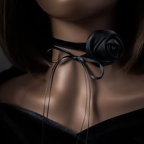Black Choker Camellia Flower Lace-up Necklace For Women - color: Black rose