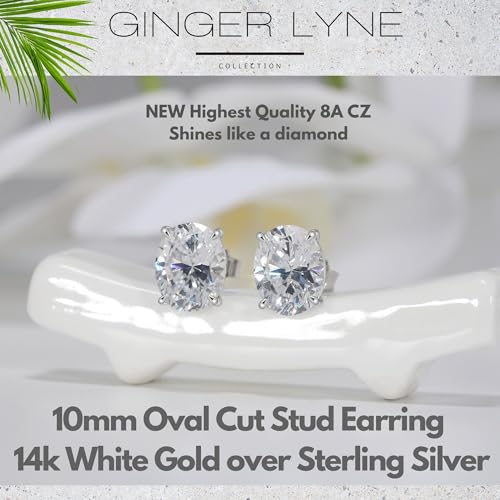 Ginger Lyne 5Ct Oval Cubic Zirconia Stud Earrings 10mm for Women | Sterling Silver Earrings 10mm Oval Cubic Zirconia Stone 14K Gold Plated and White Gold Plated Options, Push Back Stud Setting - color: Silver