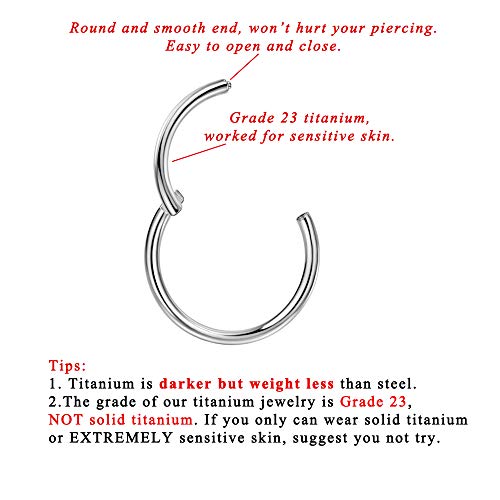Titanium Nose Rings Hinged Hypoallergenic Nose Hoop for Women & Men | Seamless Clasp, Used in Nostril, septum, lip, and all ear piercings. 20 Gauge to 10 Gauge, Inner Diameter 5mm to 16mm - color: Silver, size: 14 Gauge,7mm