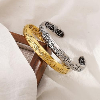 Evil Eye Bracelet, Chunky Gold Bangle Silver Boho Bracelets Open Bohemian Trendy Statement Adjustable Stainless Steel For Women Jewelry Gifts - color: Gold Eye