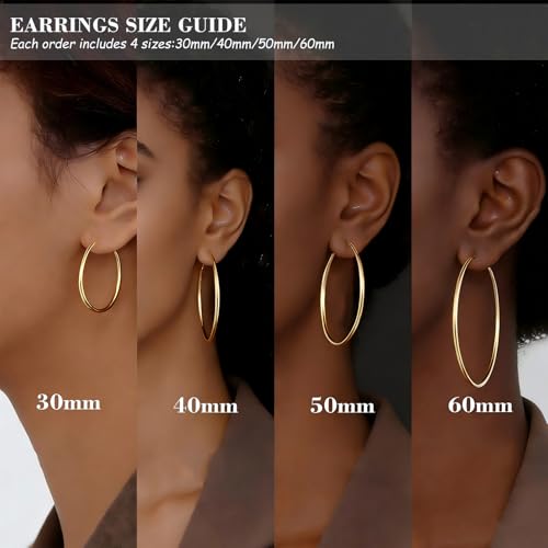 4 Pairs Silver Hoop Earrings for Women 30/40/50/60mm | Hypoallergenic, Stainless Steel, Big Thin Lightweight, Dangle Set - color: 4 Pairs Gold-30/40/50/60mm