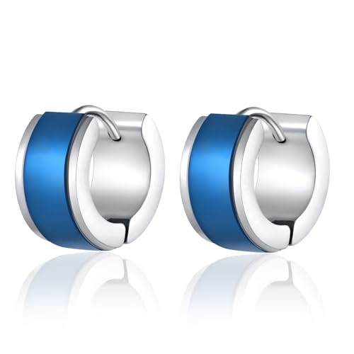 Huggie Hinged Hoop Earrings, Stainless Steel, Classic, mens womens, Cool - color: Blue and Silver