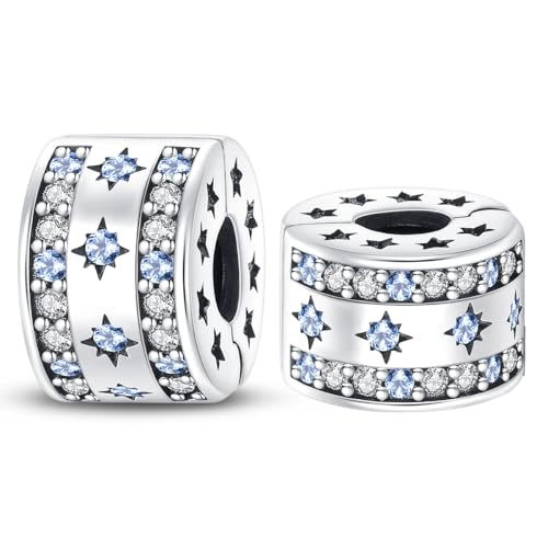 925 Sterling Silver Stopper Clip Charms for Bracelet Necklace Spacer Beads with 5A Cubic Zirconia Mother's Day Christmas DIY Gift for Women(2PCS) - style: Blue star