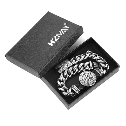 HZMAN 8.5Inch Cuban Link Bracelet for Men Silver Stainless Steel Heavy Biker Link Bracelet - color: Seal of Solomon