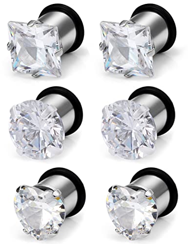 8G 6G 4G 2G 0G 1/2 inch Stainless Steel Ear Gauges - Round, Square, Heart, Cubic Zirconia - 3mm to 12mm - Silver, 3 Pairs - color: Gauge=2g=6mm